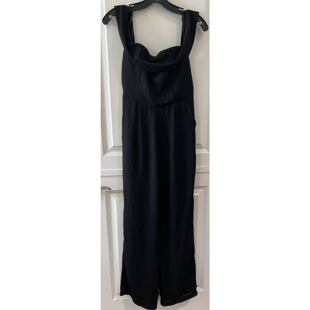 Selfie Leslie Off The Shoulder Black Jumpsuit Straight Leg Side Slit Pockets Med
